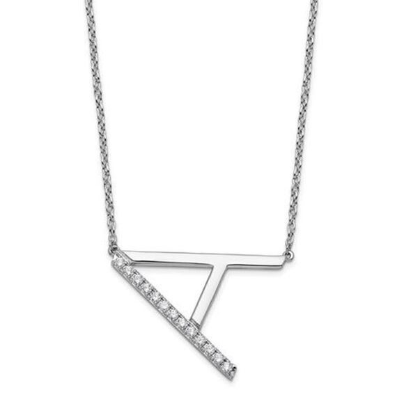 14k White Gold Sideways Diamond Initial A Necklace - Picture 1 of 3